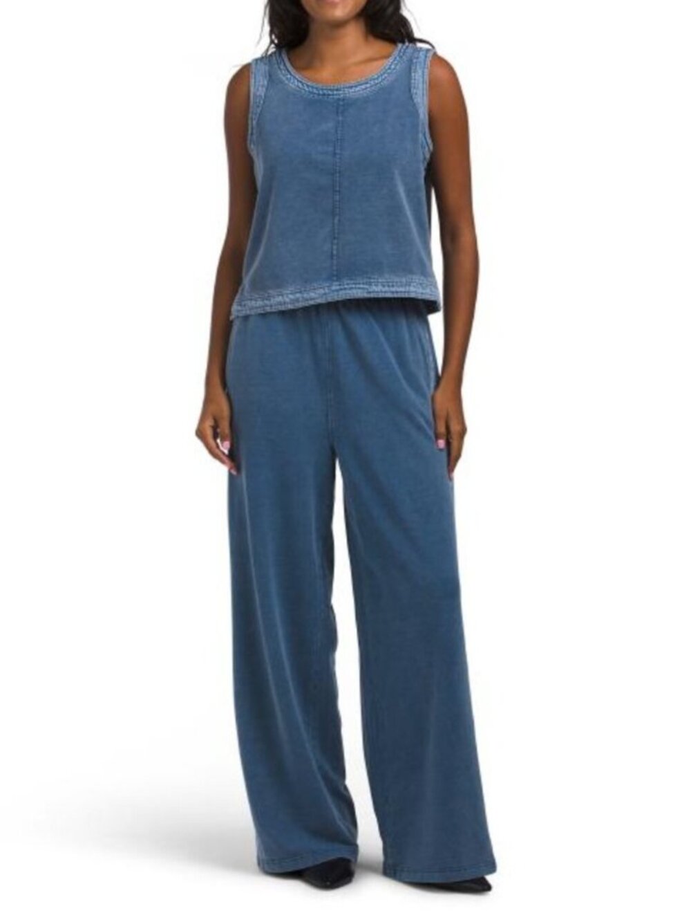 JANE & DELANCEY 2pc French Terry Denim Cropped Tank Top And Straight Pants Set